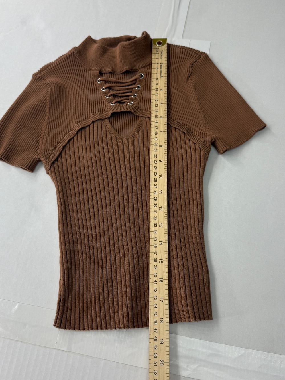 Brown mock neck short sleeve ribbed tie chest detail top v cut mocha blouse - Picture 2 of 6